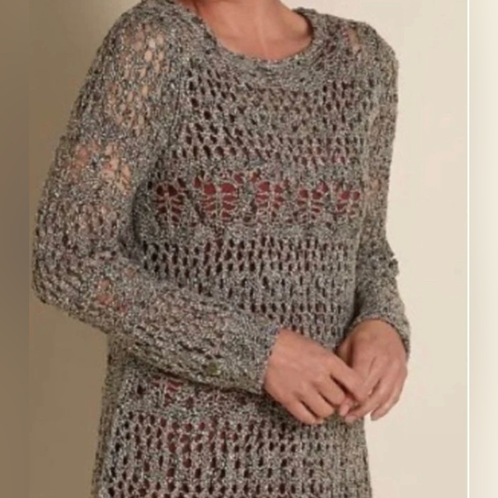Soft Surroundings Pointelle Crochet Knit Sweater Gray Size XS Petite